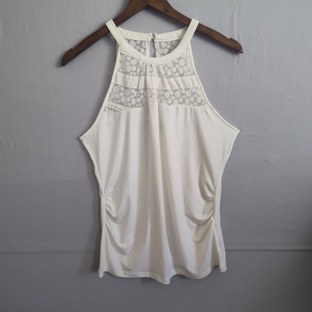 New York & Company Womens White Lace Halter Top Keyhole Back Sleeveless Blouse M